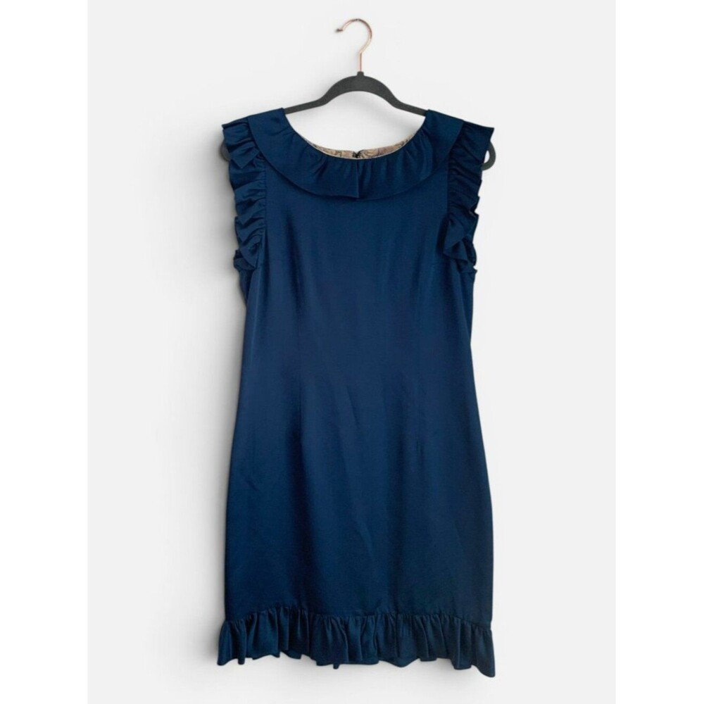 Anthropologie Ruffian Silk Ruffle Dress Navy Blue Shift Dress Size 8